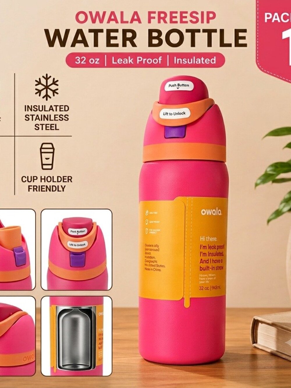 Owala FreeSip Insulated Water Bottle 32 oz – Pink/Coral, Leak-Resistant Travel